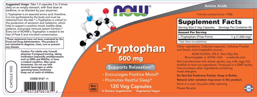 Now Foods L-Tryptophan 500 mg (120 Veg Capsules)