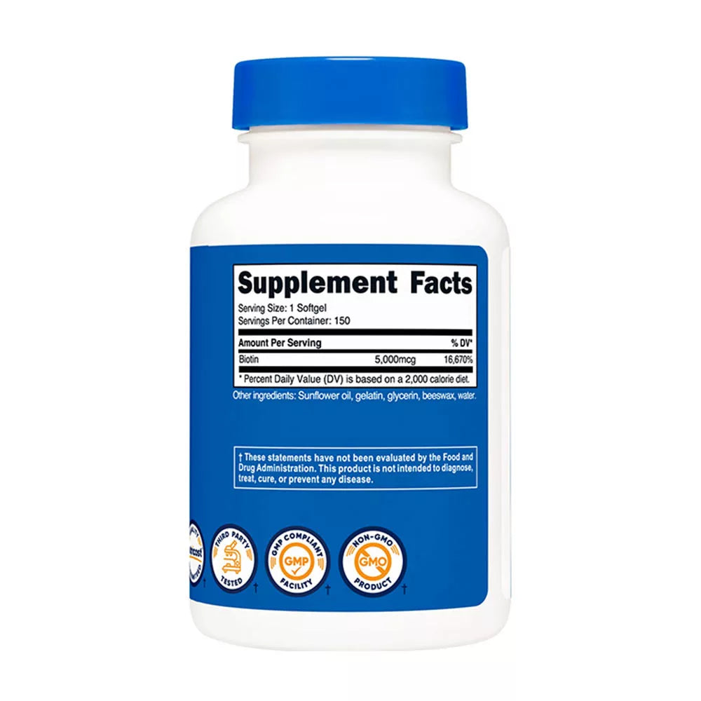 Nutricost Biotin with Coconut Oil Softgels 5000 mcg (150 Softgels)